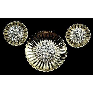 Weiss Rhinestone Brooch Earrings Jewelry Set Gold Tone Clear Stones Vintage Cost